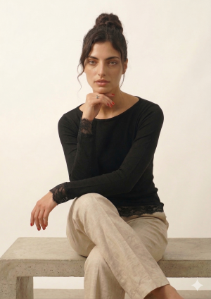 1048 maglia manica lunga con orlo e polsi con inserto in pizzo