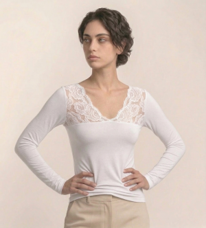 1050 maglia manica lunga con inserto in pizzo a V Bianca